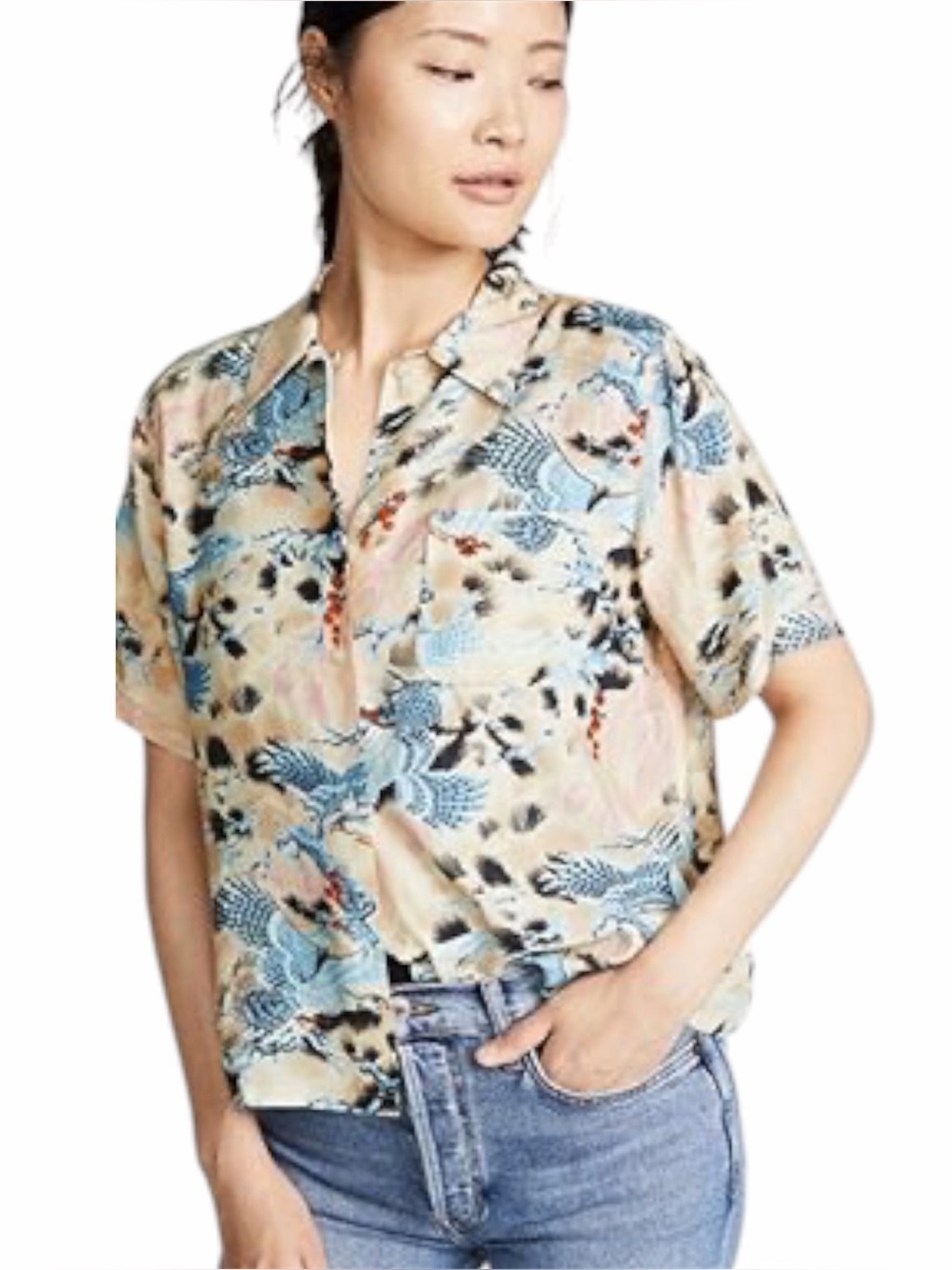 RE/DONE Bird Print Shirt Womens M Short Sleeve Camp Collar Button Front ASO